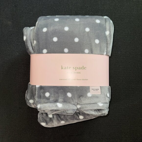 Kate Spade FULL QUEEN Gray White Polka Dot Fleece Throw Blanket Grey 98x92 Dots - Picture 4 of 5